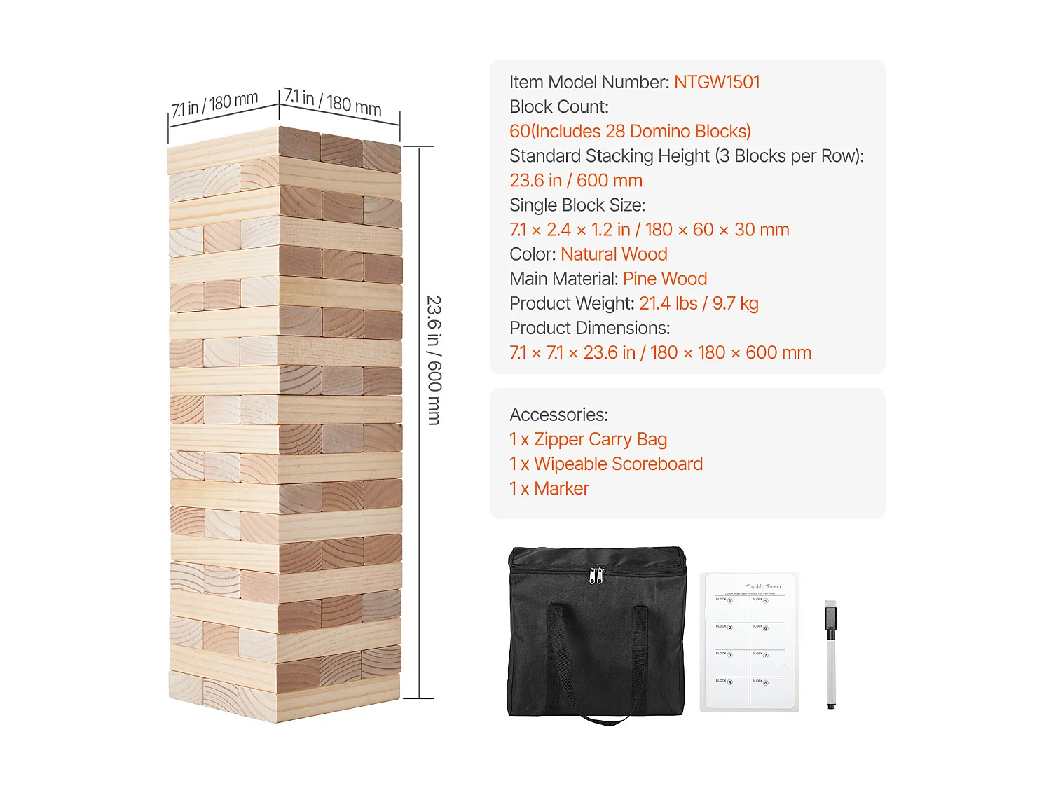 Houten Schommel Speelgoed SucceBuy, 60 Blokken, Gigantische Schommeltoren, Dennenhout, Tas