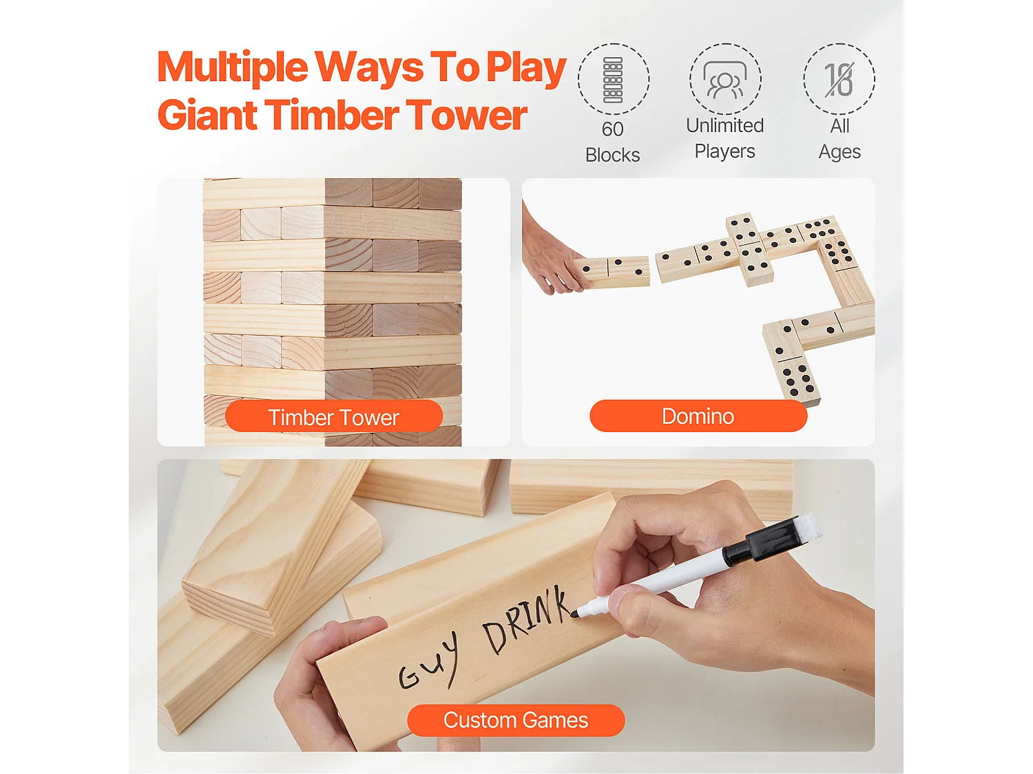 Houten Schommel Speelgoed SucceBuy, 60 Blokken, Gigantische Schommeltoren, Dennenhout, Tas