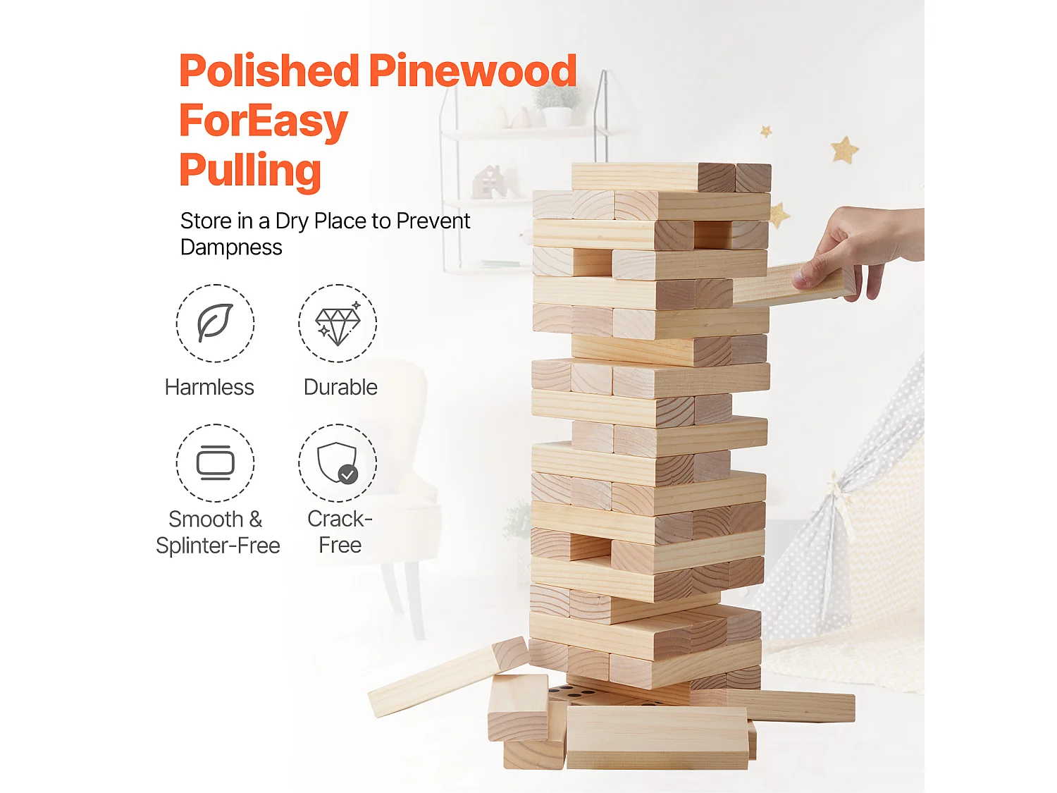 Houten Schommel Speelgoed SucceBuy, 60 Blokken, Gigantische Schommeltoren, Dennenhout, Tas