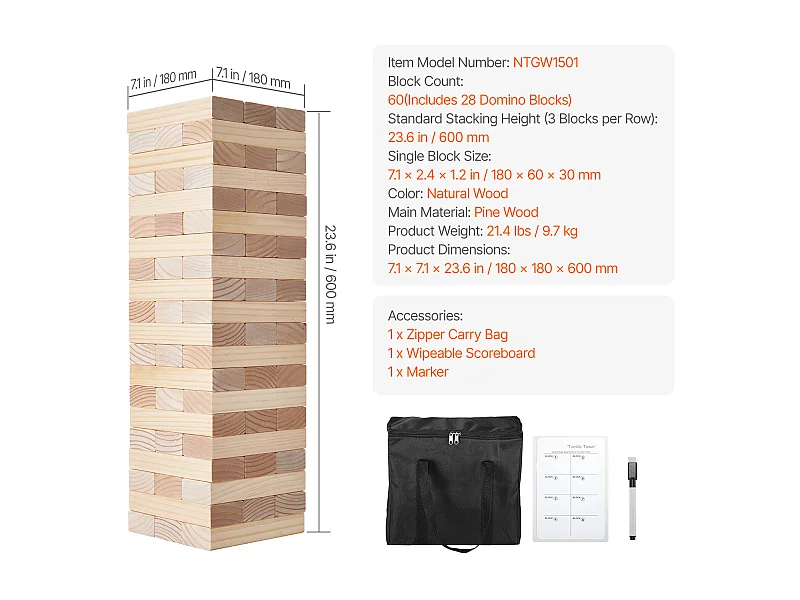 Holzschaukelspielzeug SucceBuy, 60 Blöcke, Riesiger Schaukelturm, Kiefernholz, Tasche