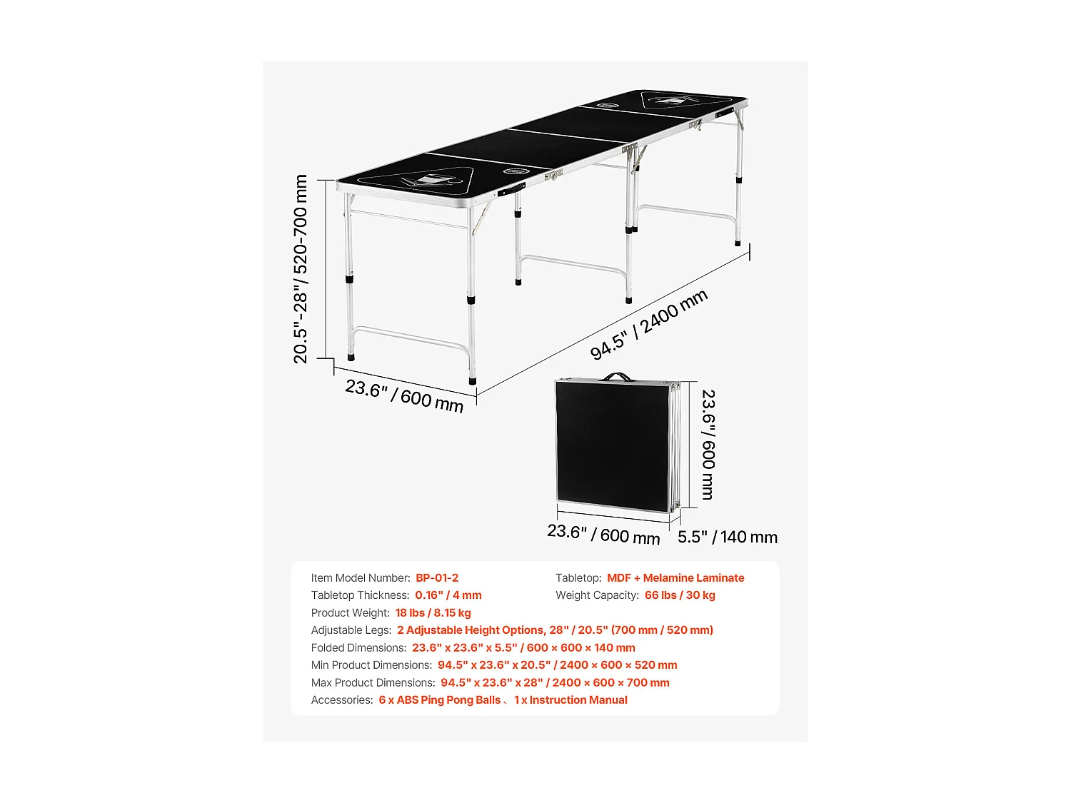 Stół do Beer-Pong Zwijany SucceBuy, 2,4 m, Przenośna Gra na Imprezę z Ręczką, do Biura, na Imprezę, w Podróż i na Kemping