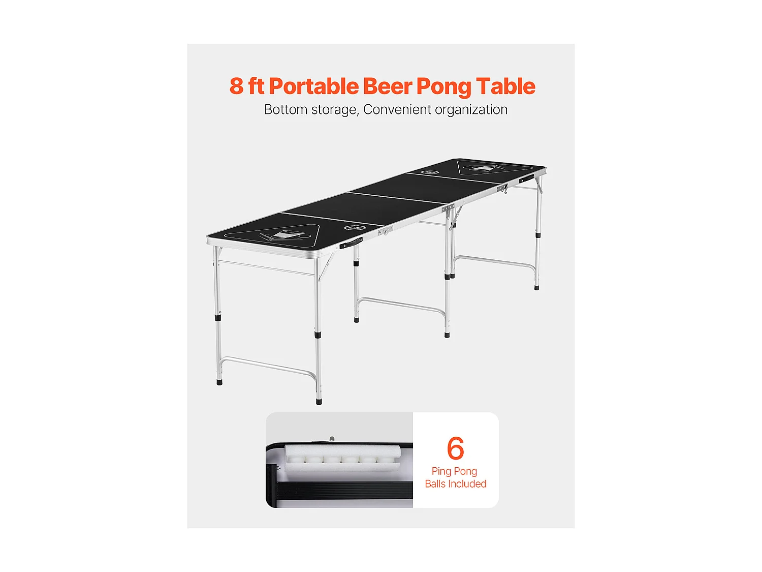 Stół do Beer-Pong Zwijany SucceBuy, 2,4 m, Przenośna Gra na Imprezę z Ręczką, do Biura, na Imprezę, w Podróż i na Kemping