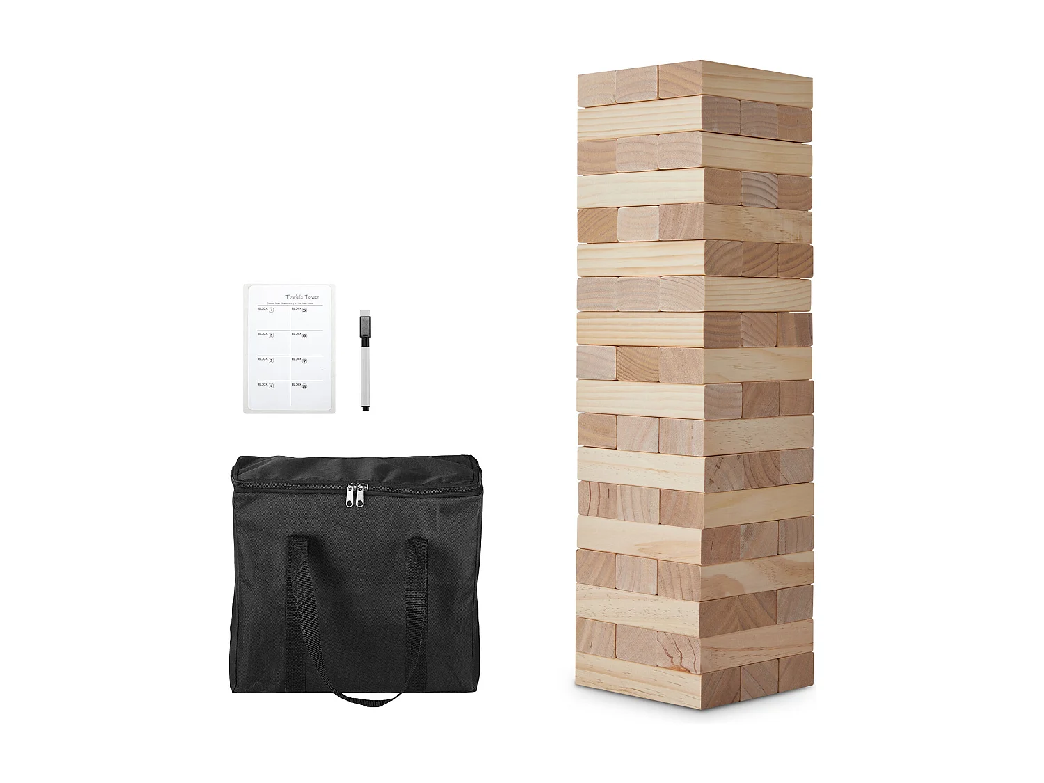 Giocattolo di Legno a Dondolo SucceBuy 54 Blocchi, Grande Gioco di Torre, Legno di Pino, Borsa da Trasporto e Cruscotto, per Divertimento Interno/Esterno