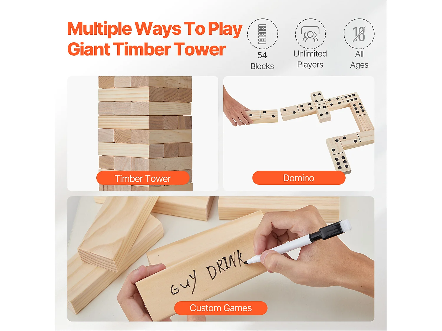 Giocattolo di Legno a Dondolo SucceBuy 54 Blocchi, Grande Gioco di Torre, Legno di Pino, Borsa da Trasporto e Cruscotto, per Divertimento Interno/Esterno