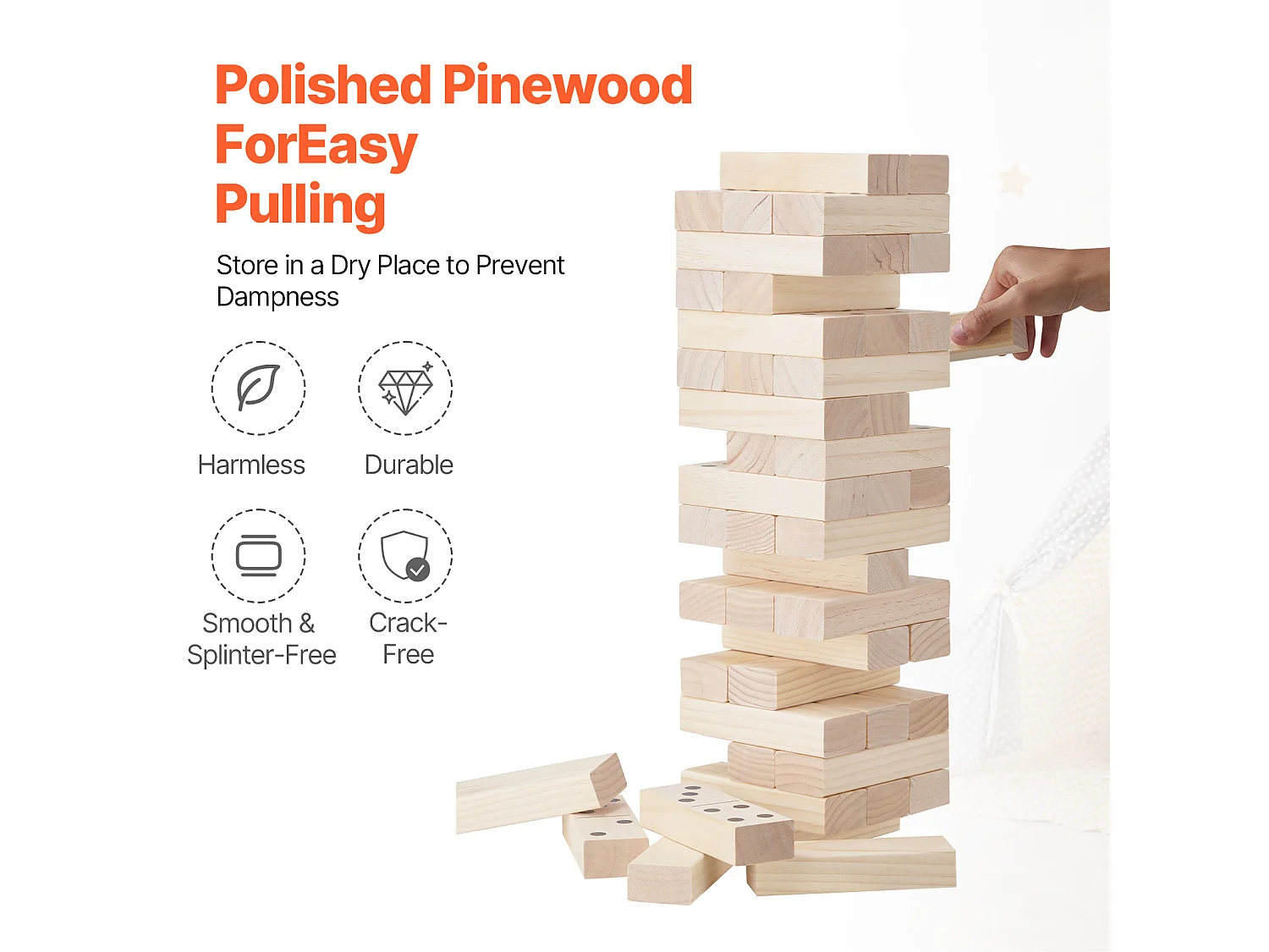 Giocattolo di Legno a Dondolo SucceBuy 54 Blocchi, Grande Gioco di Torre, Legno di Pino, Borsa da Trasporto e Cruscotto, per Divertimento Interno/Esterno