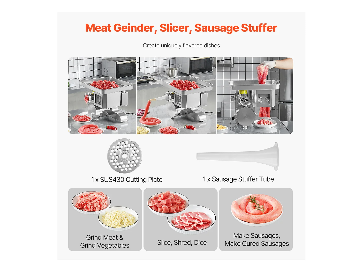 Hachoir à Viande Électrique Commercial SucceBuy, Trancheuse de 5 kg /Minute et Fabricant de Stuffer de Saucisse