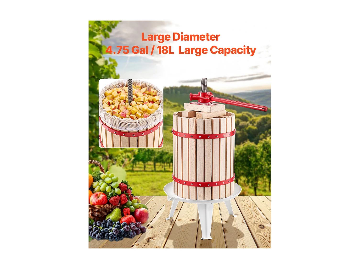 Spremiagrumi Manuale per Frutta e Vino SucceBuy, con Cesto di Legno 18L, per Produzione di Succo