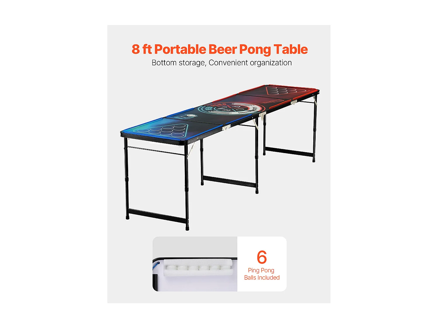 Stół do Beer-Pong Portatywny SucceBuy, 2,4 m, z Ręczką Transportową LED, do Biura, na Imprezę, w Podróż i na Kemping