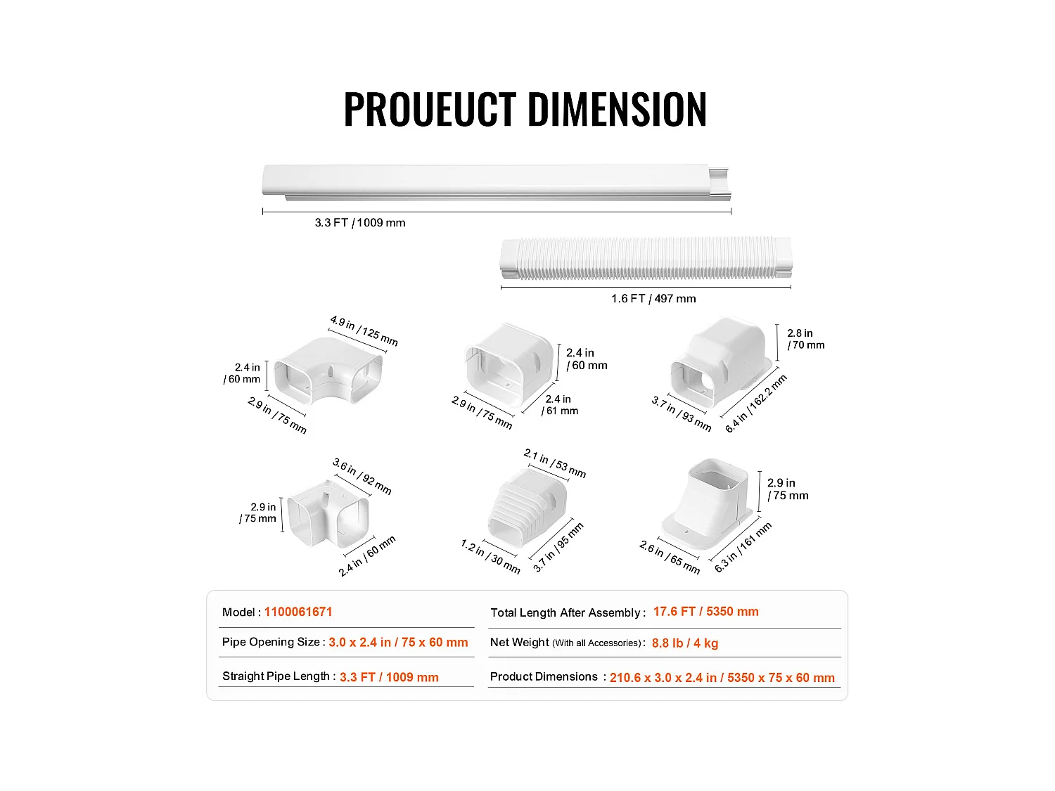 Leitungsschutz SucceBuy 7.62cm Breite 535 cm für Mini-Klimaanlage Getrennt/Zentral in PVC