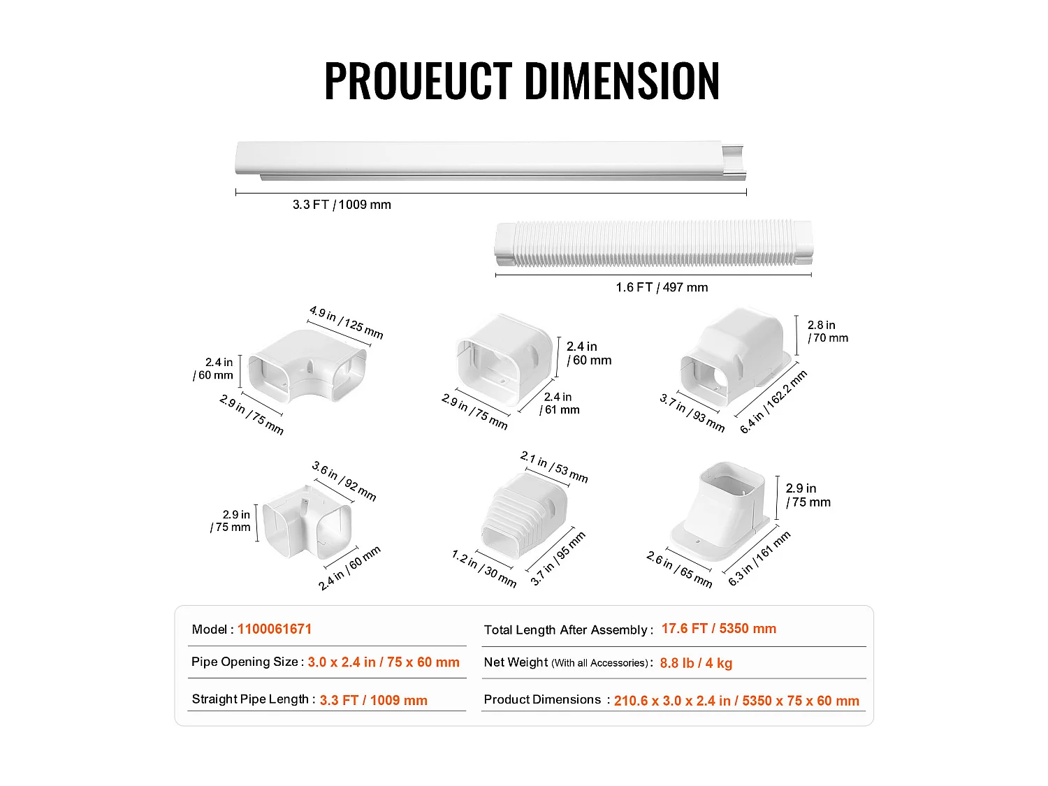 Couvercle de Ligne SucceBuy 7.62cm de Largeur 535 cm pour Mini-Climatiseur Séparé/Central en PVC