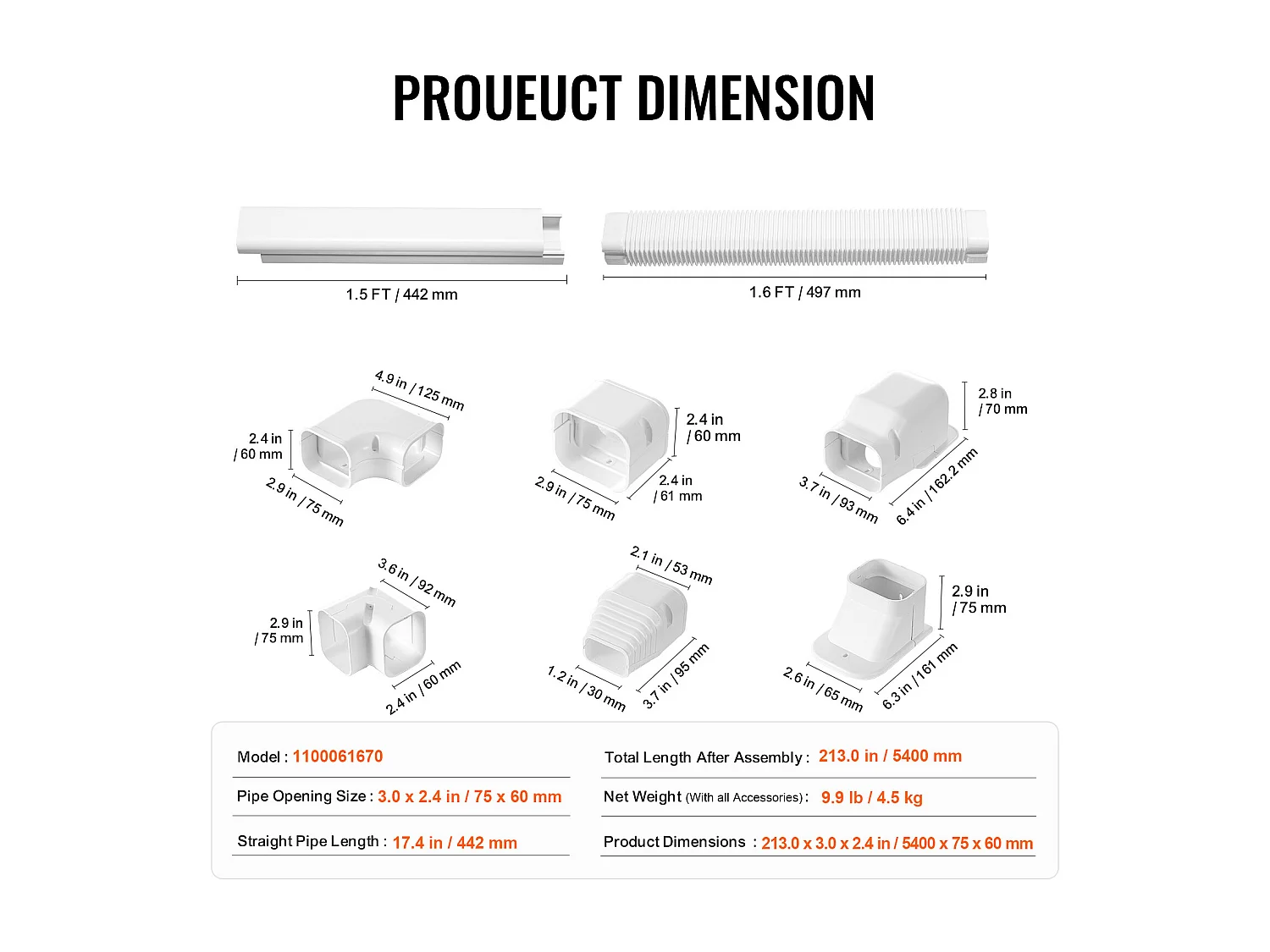 Leitungsabdeckung SucceBuy 7.62cm Breite 540 cm für Mini-Split/Klimaanlage, Dekoratives PVC für Klimaanlage, 10 Gerade Kanäle und Komponenten