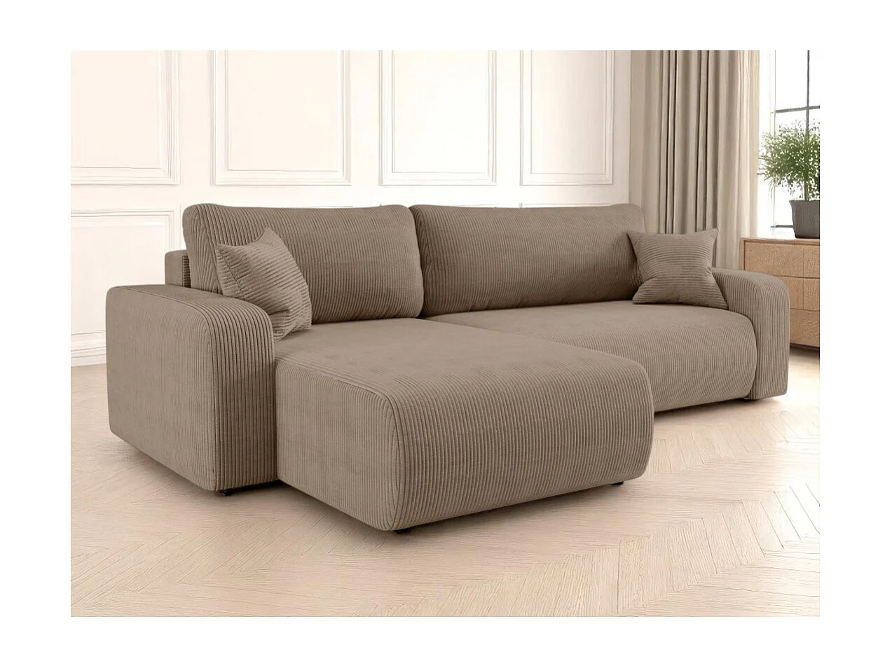Canapé ALYA d'angle max réversible et convertible 5 places en velours côtelé - Taupe