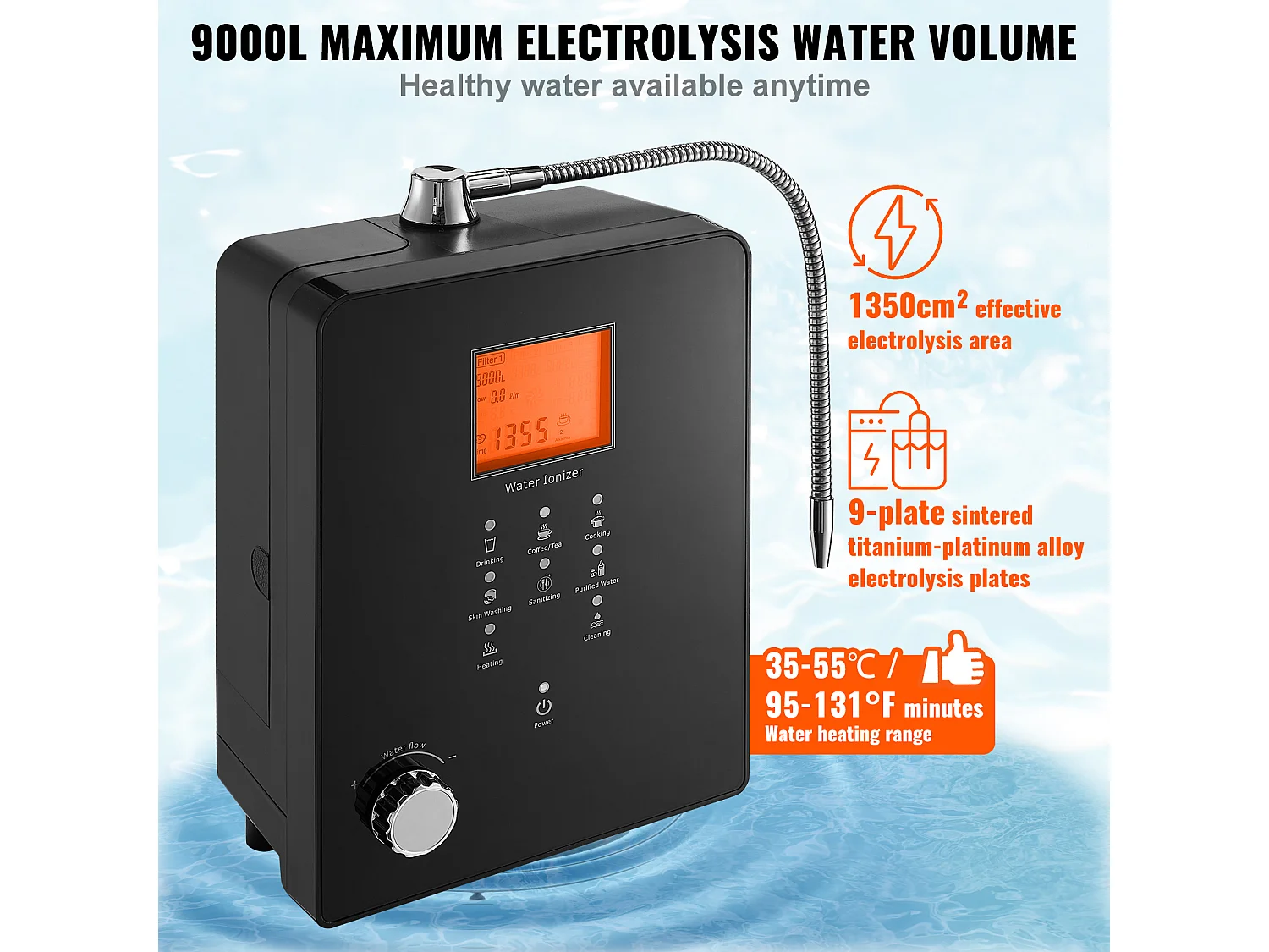 Machine de Purification d'Eau Alcaline Ioniseur SucceBuy, PH3-11.2, 9000L, LCD à Commande Tactile