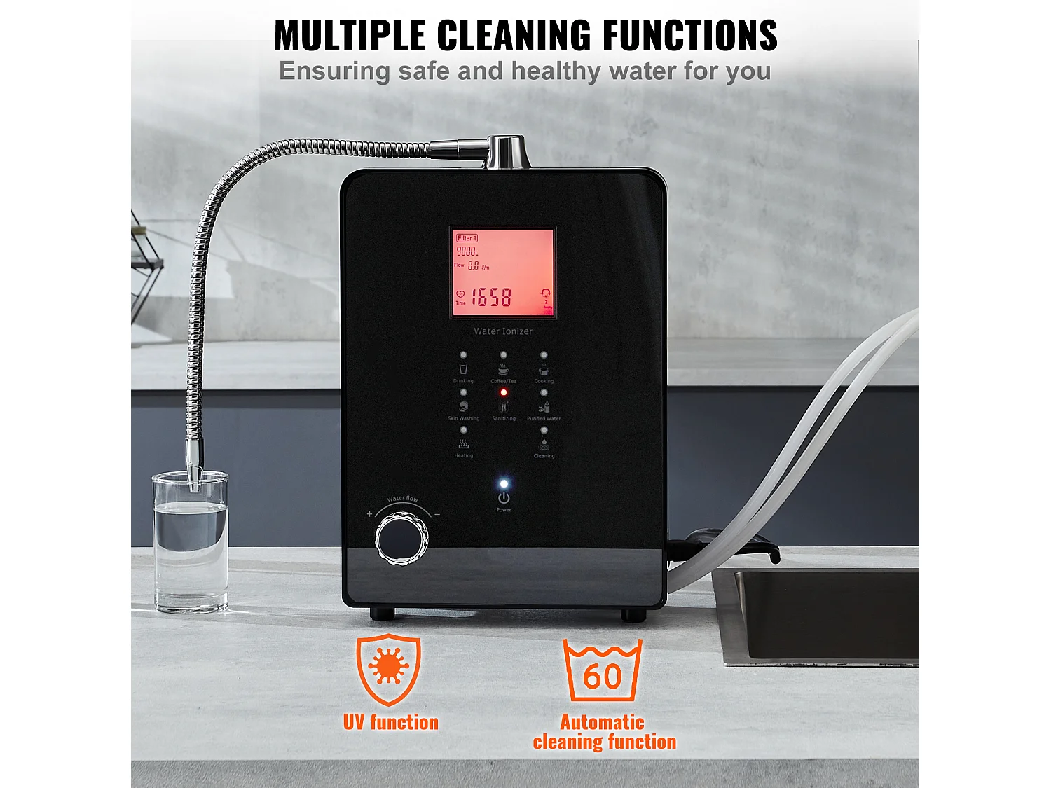 Machine de Purification d'Eau Alcaline Ioniseur SucceBuy, PH3-11.2, 9000L, LCD à Commande Tactile