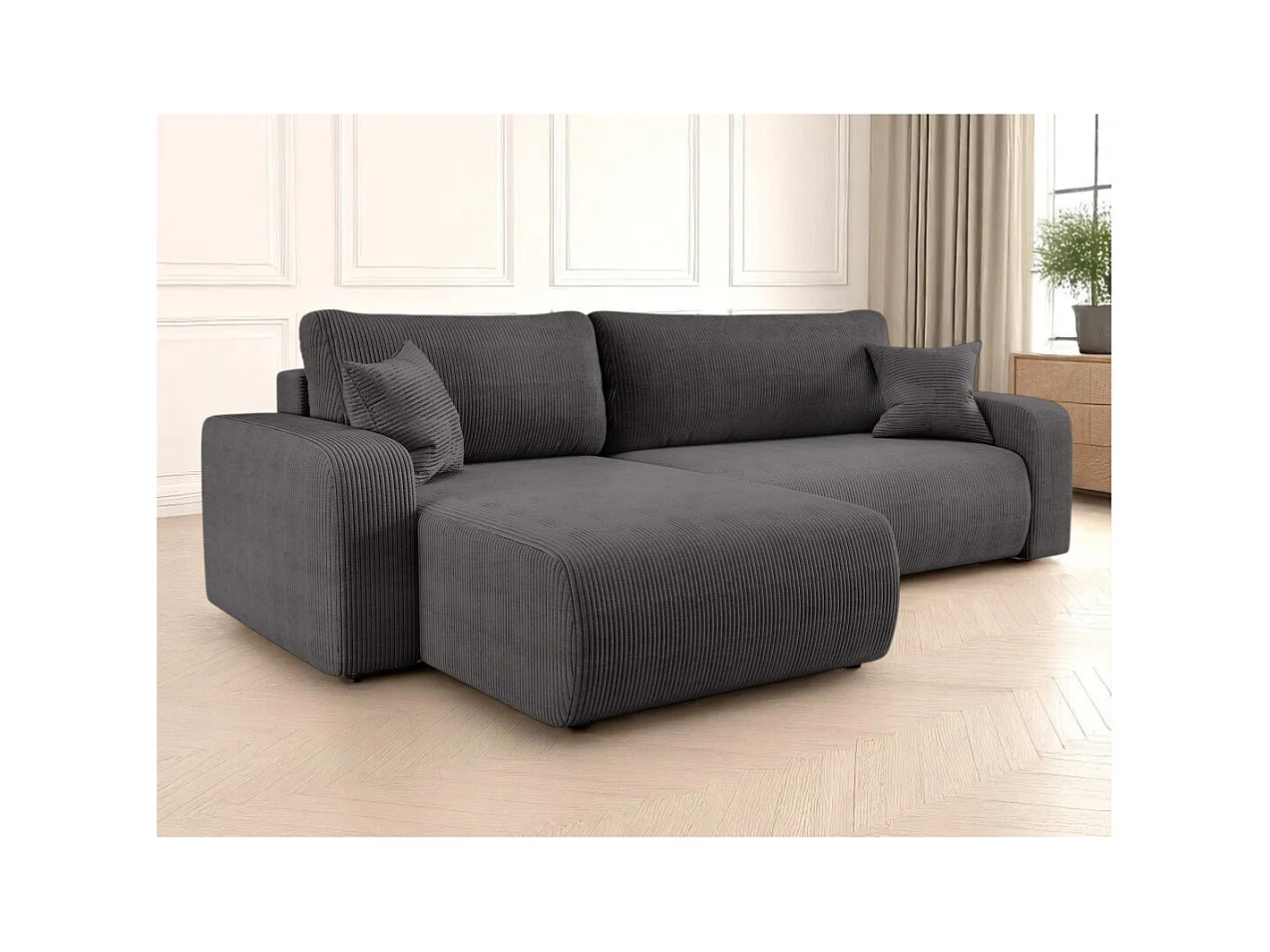 Canapé ALYA d'angle max réversible et convertible 5 places en velours côtelé - Gris