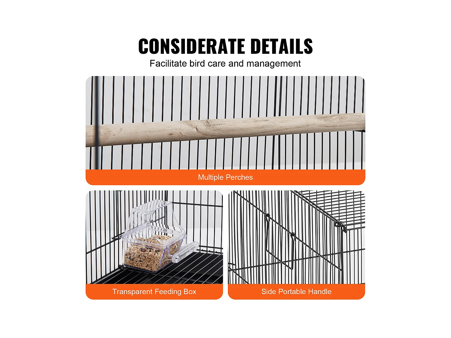 Cage à Oiseaux, SucceBuy Cage à Oiseaux en Métal de 76 cm pour Perruches, Calopsittes et Petits Perroquets
