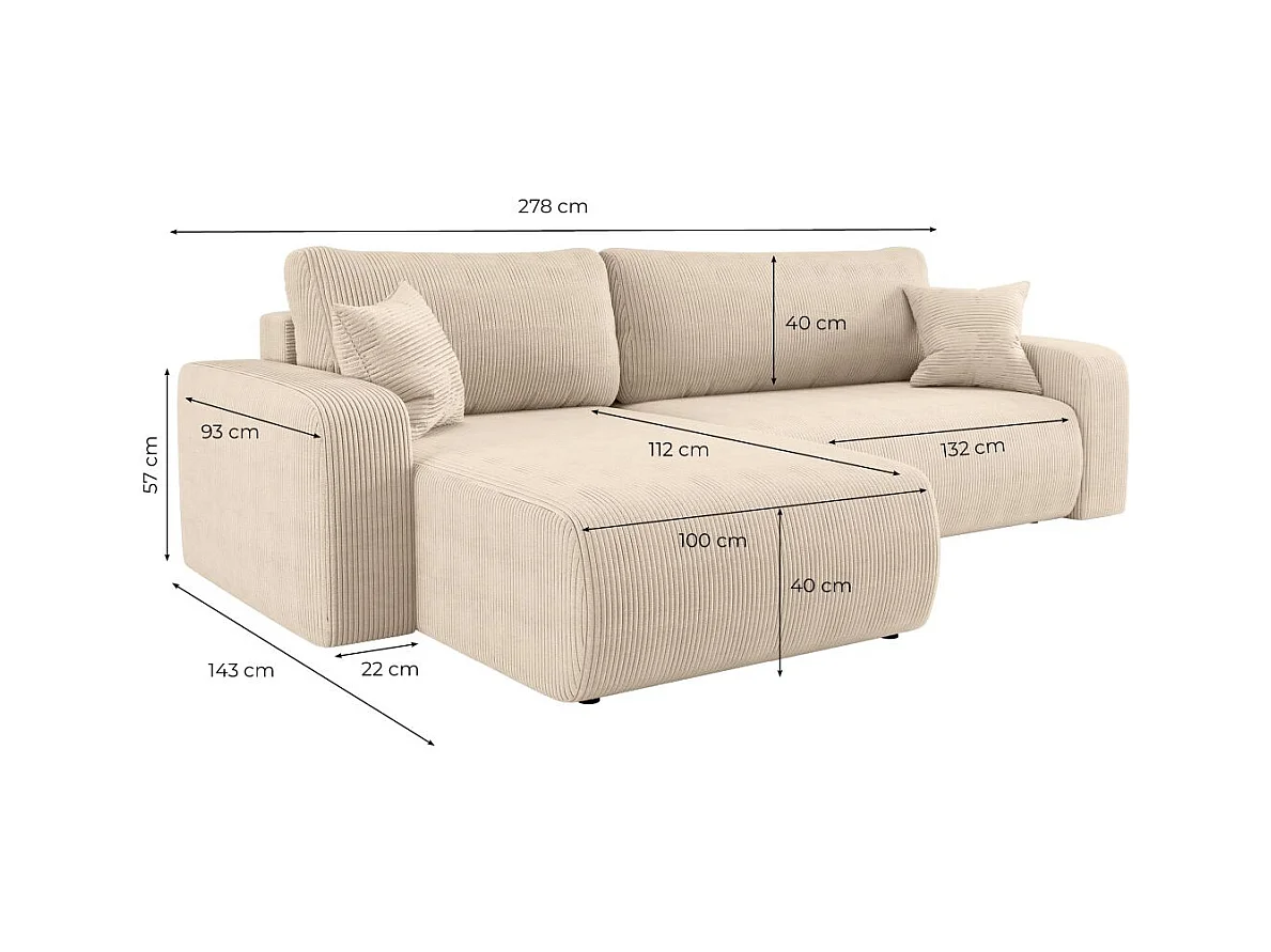 Canapé ALYA d'angle max réversible et convertible 5 places en velours côtelé - Beige