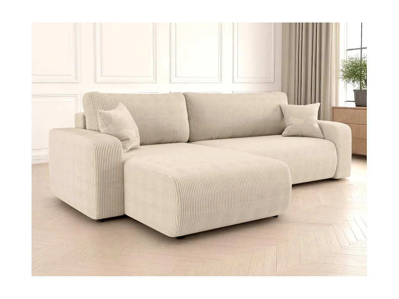 Canapé ALYA d'angle max réversible et convertible 5 places en velours côtelé - Beige