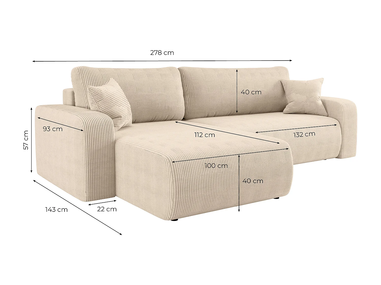 Canapé ALYA d'angle max réversible et convertible 5 places en velours côtelé - Beige