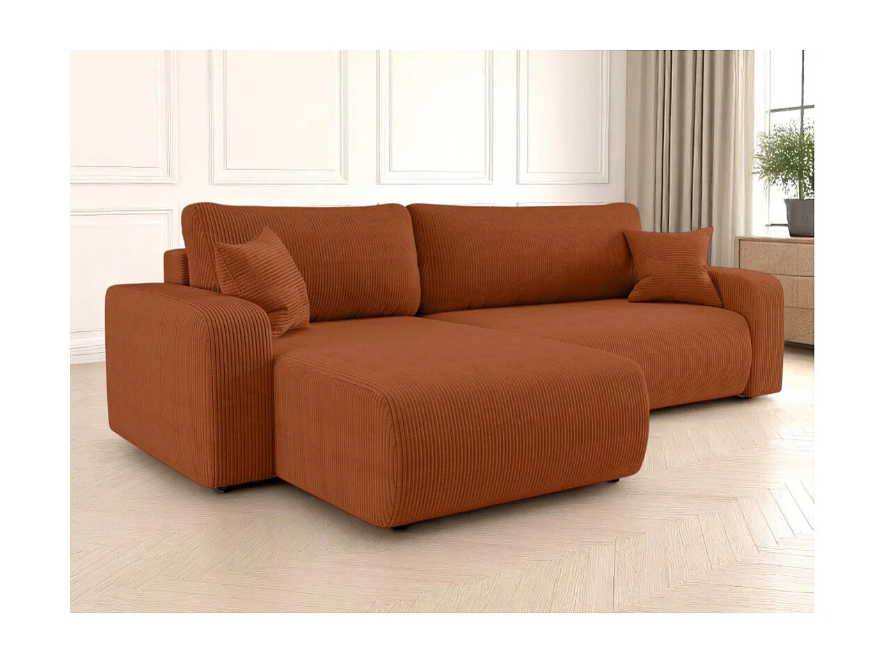 Canapé ALYA d'angle max réversible et convertible 5 places en velours côtelé - Terracotta