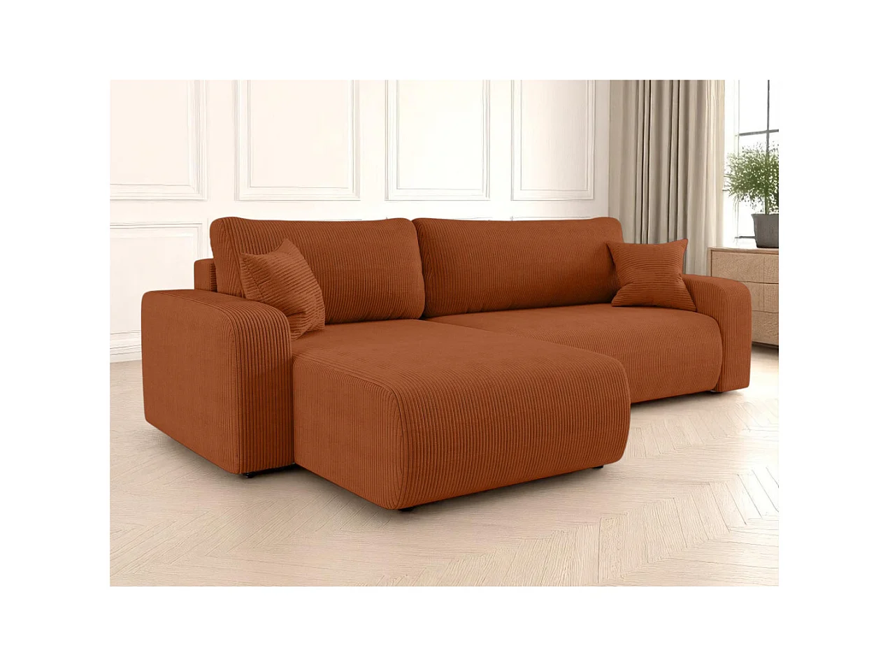 Canapé ALYA d'angle max réversible et convertible 5 places en velours côtelé - Terracotta