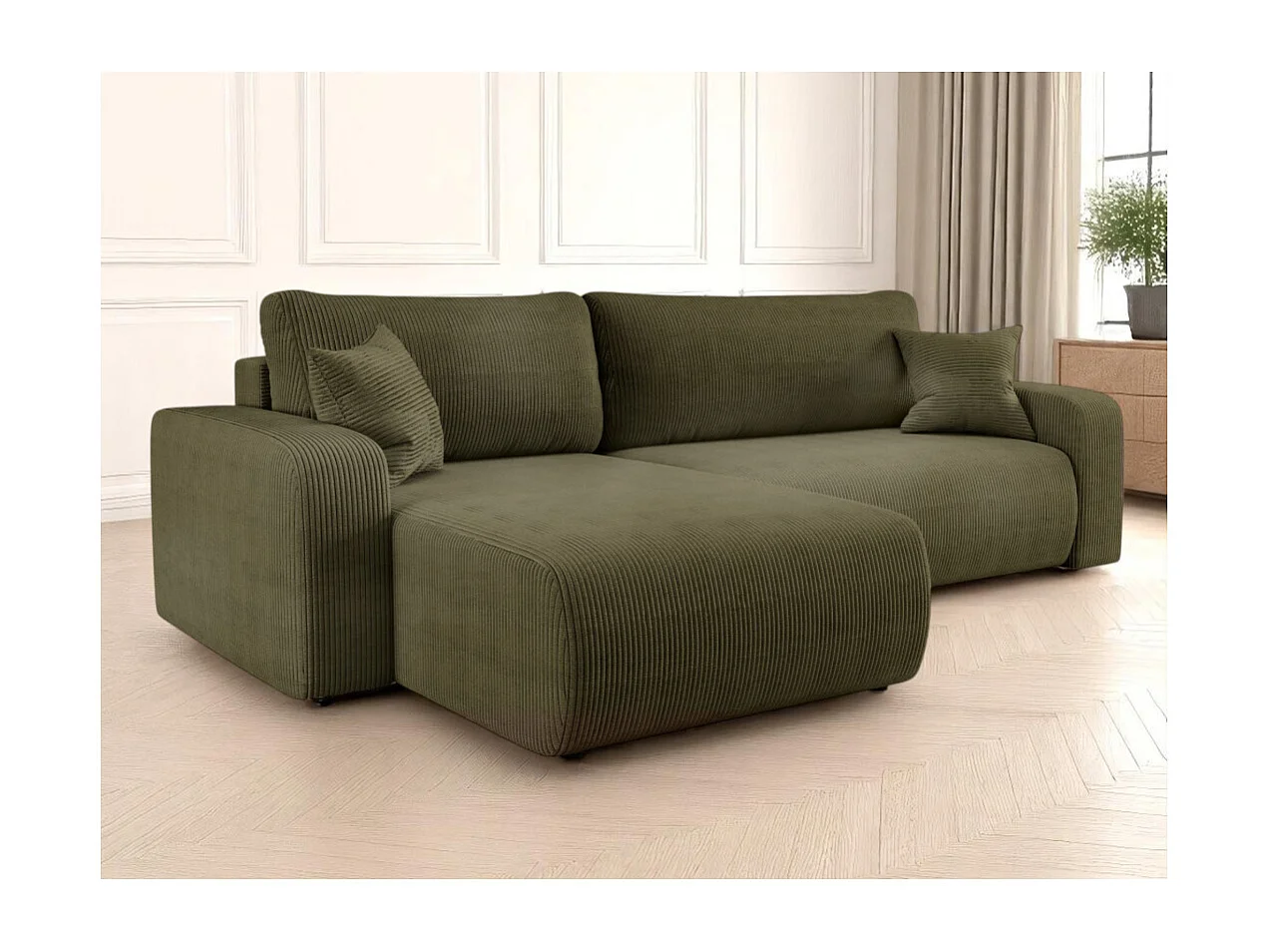 Canapé ALYA d'angle max réversible et convertible 5 places en velours côtelé - Vert kaki