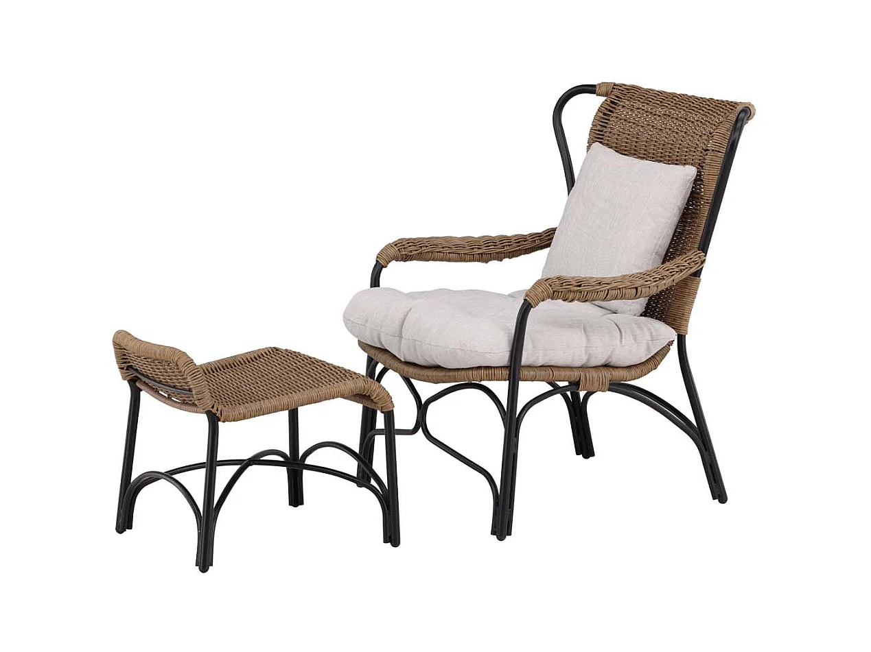 Loreto leunstoel tuin met tuinkussen met hocker zwart.