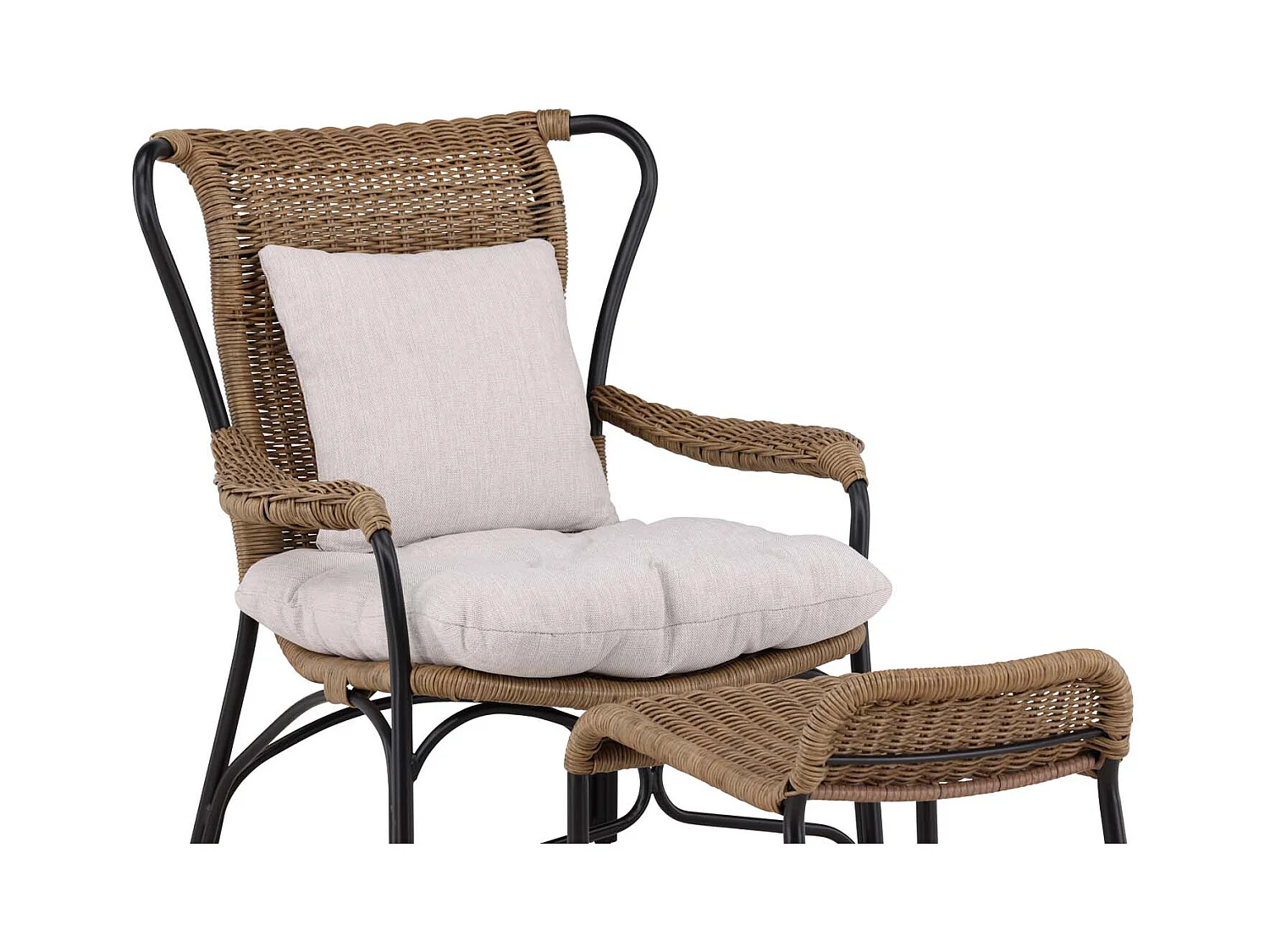 Loreto leunstoel tuin met tuinkussen met hocker zwart.