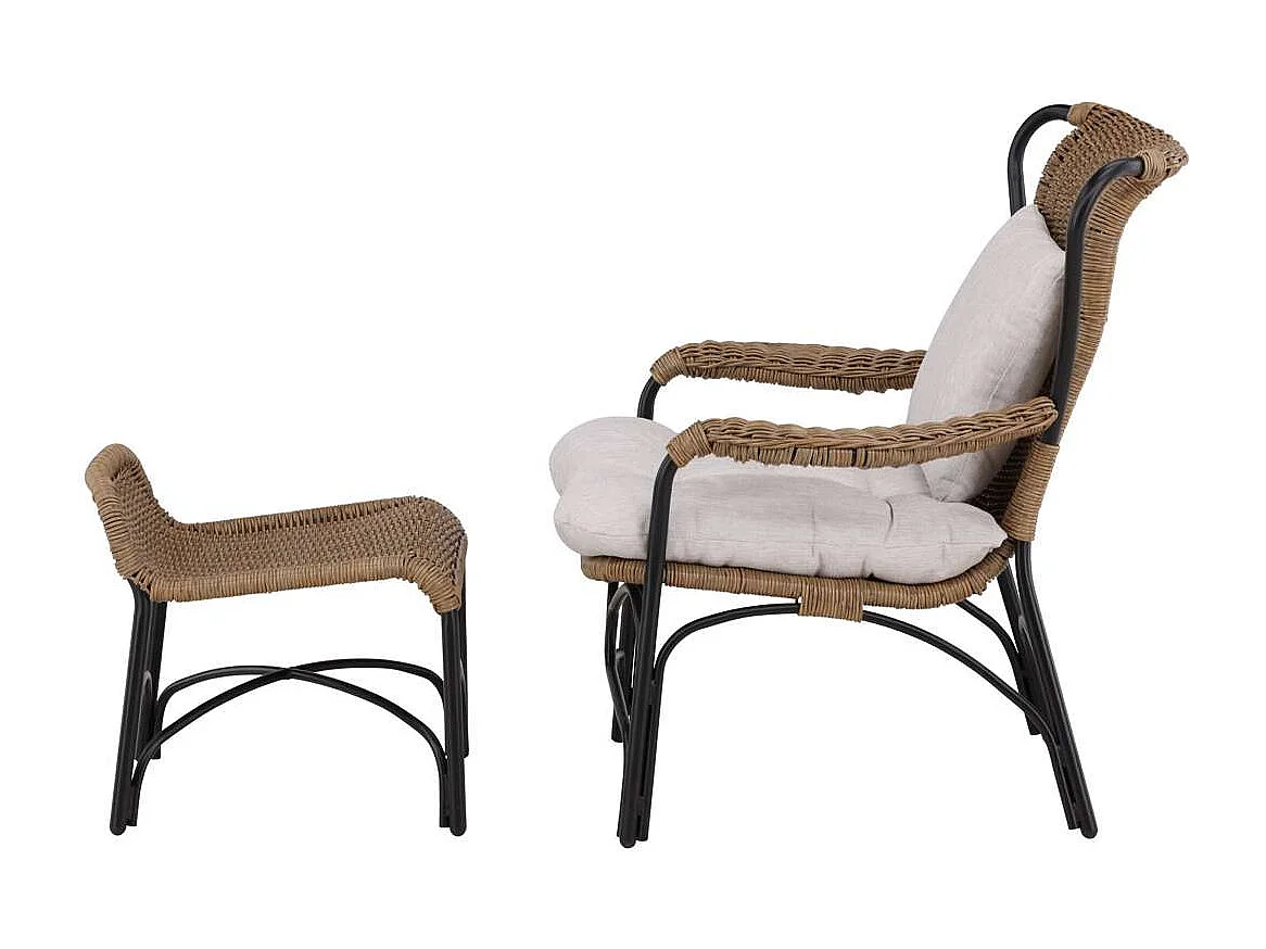 Loreto leunstoel tuin met tuinkussen met hocker zwart.