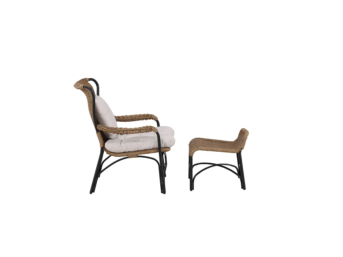 Loreto leunstoel tuin met tuinkussen met hocker zwart.