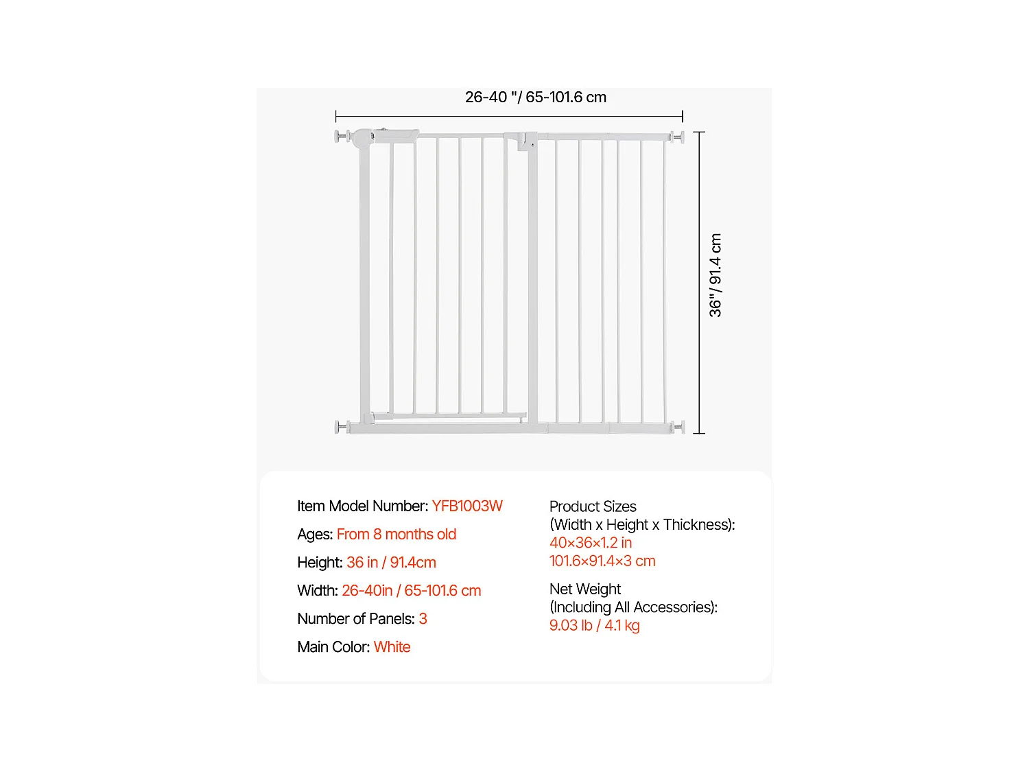 Barrière de Sécurité Animaux, SucceBuy Barrière de Sécurité Extensible pour Chiens LxH 65-101,6x91,4 cm Blanc