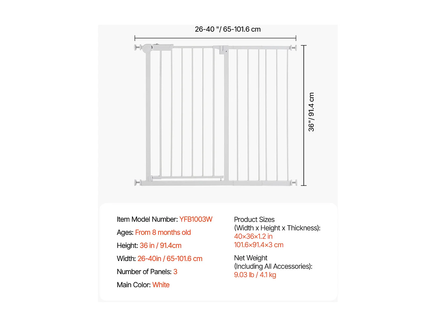 Puerta de Seguridad para Mascotas, SucceBuy Extensible 65 - 101,6 x 91,4 cm Color Blanco