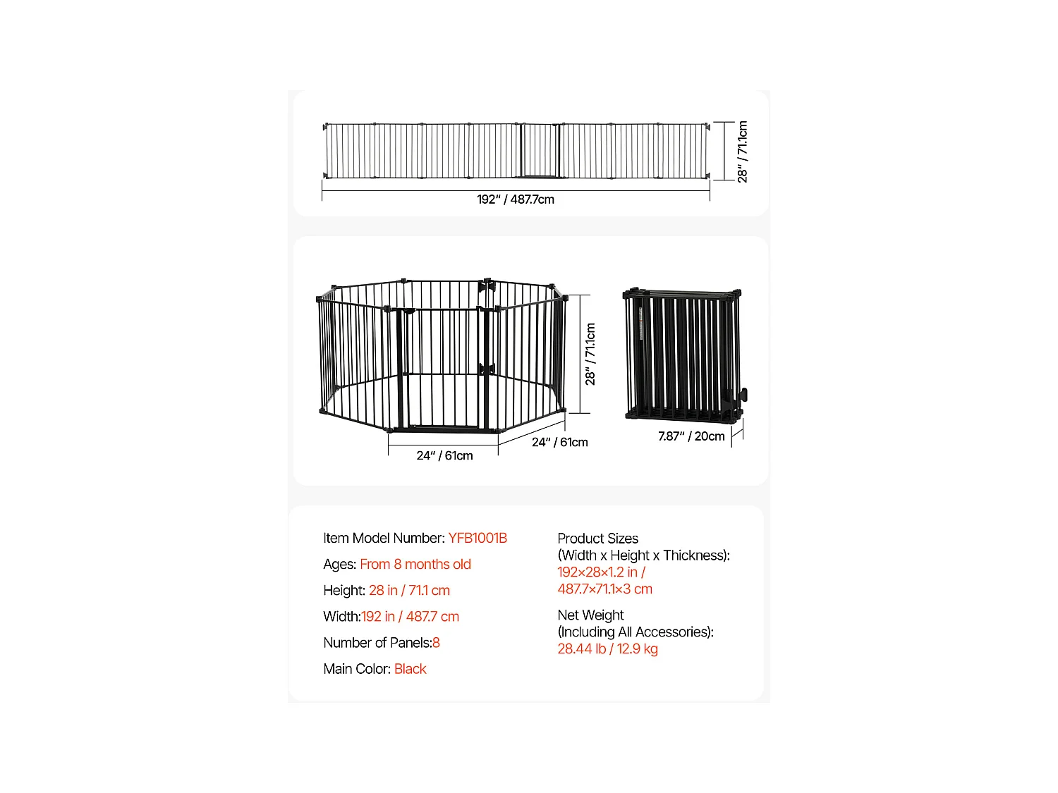 Veiligheidspoort voor Huisdieren, SucceBuy Veiligheidspoort voor Honden 487,7 x 71,1 cm Opvouwbaar 8 Panelen Zwart