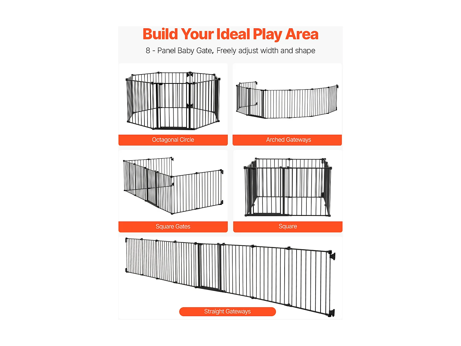 Barrière de Sécurité Animaux, SucceBuy Barrière de Sécurité pour Chien 487,7 x 71,1 cm Pliable 8 Panneaux Noir