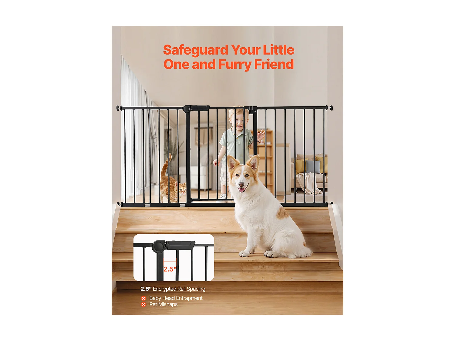 Portão de Segurança para Animais de Estimação, SucceBuy Portão de Segurança Expansível para Cães 154-161 x 76,2 cm Preto