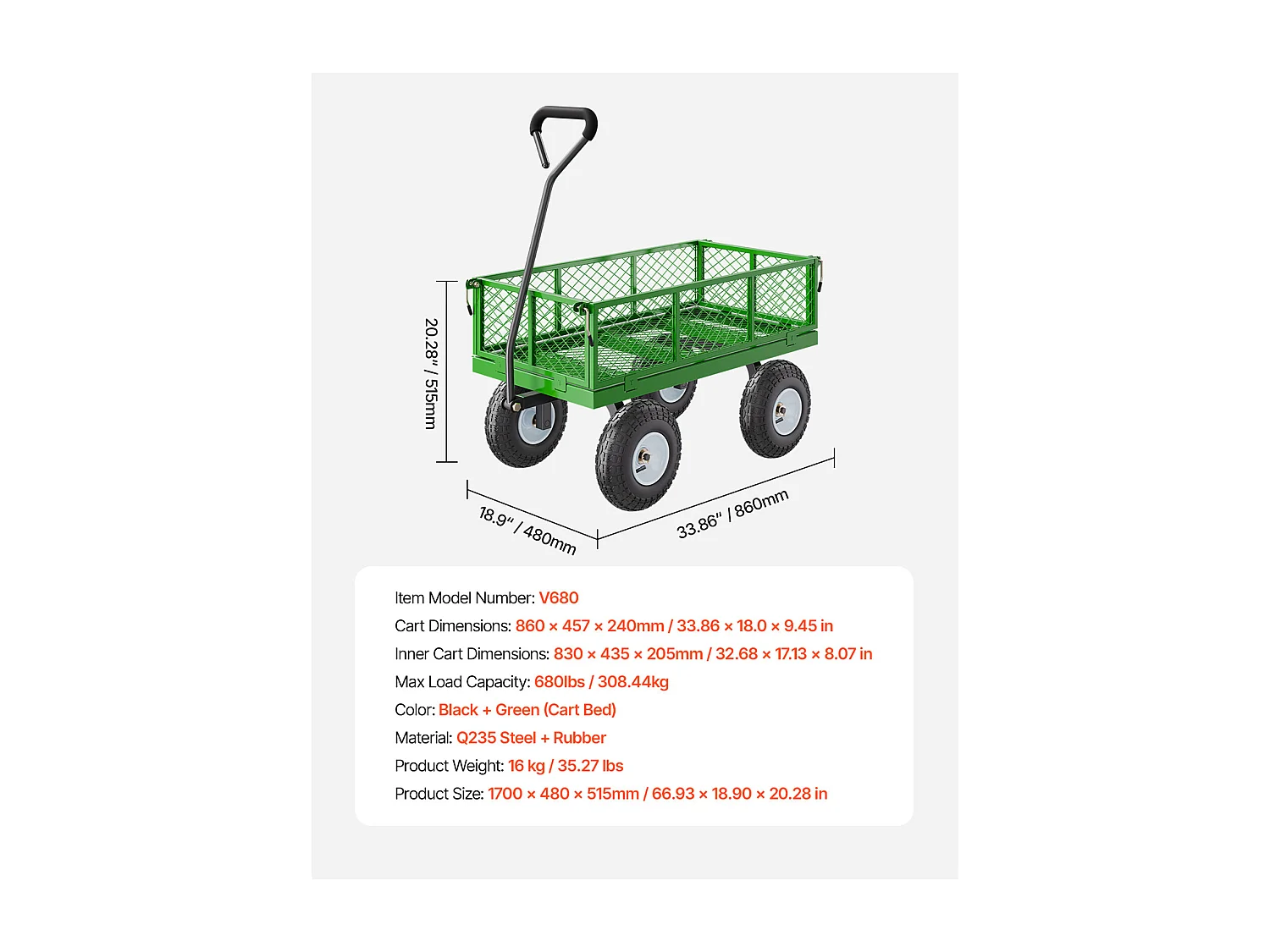 Chariot de Jardin, SucceBuy Chariot de Jardin en Acier 308,44 kg Capacité, Chariot de Jardin Robustes avec Pneus de 25,4 cm
