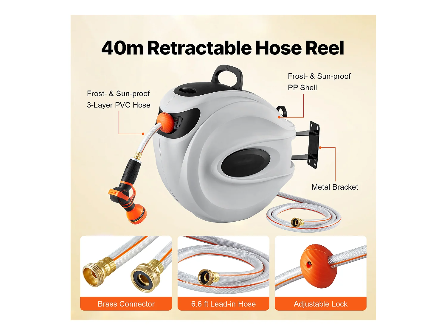 Enrouleur de Tuyau d'Arrosage Rétractable SucceBuy, 1,2 cm x 40 m, Fixé au Mur, Avec Buse 9 - Pattern, Verrouillage de Toute Longueur