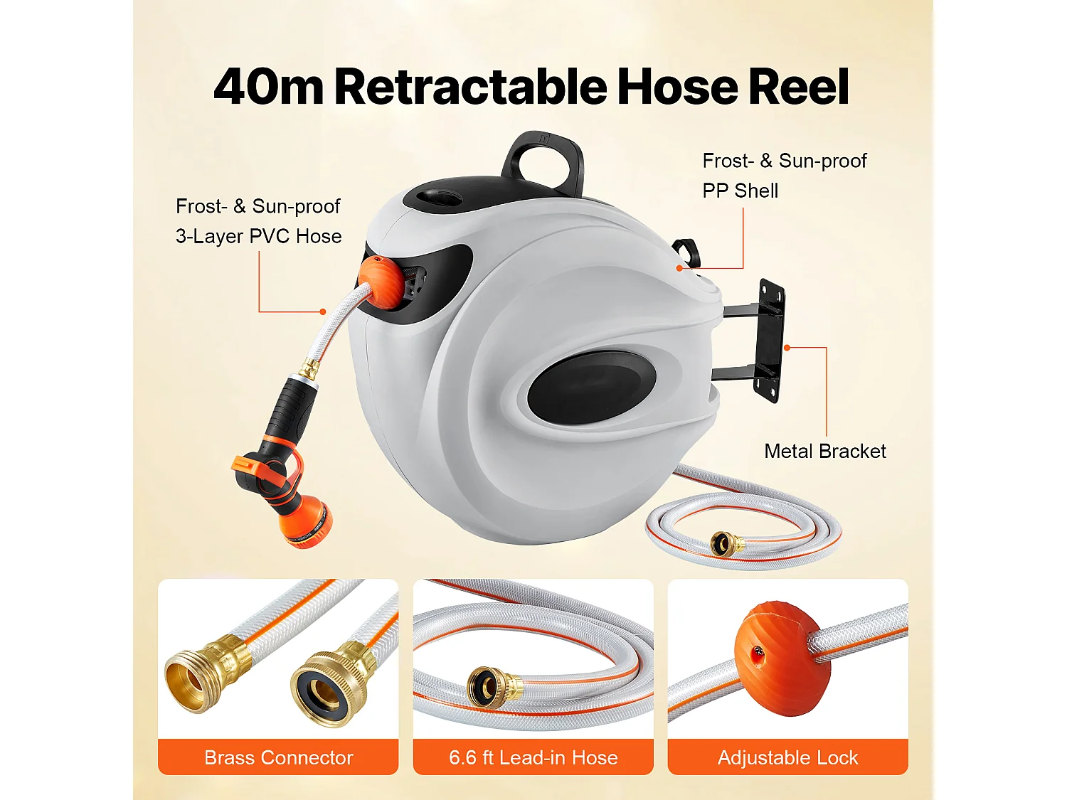 Enrouleur de Tuyau d'Arrosage Rétractable SucceBuy, 1,2 cm x 40 m, Fixé au Mur, Avec Buse 9 - Pattern, Verrouillage de Toute Longueur