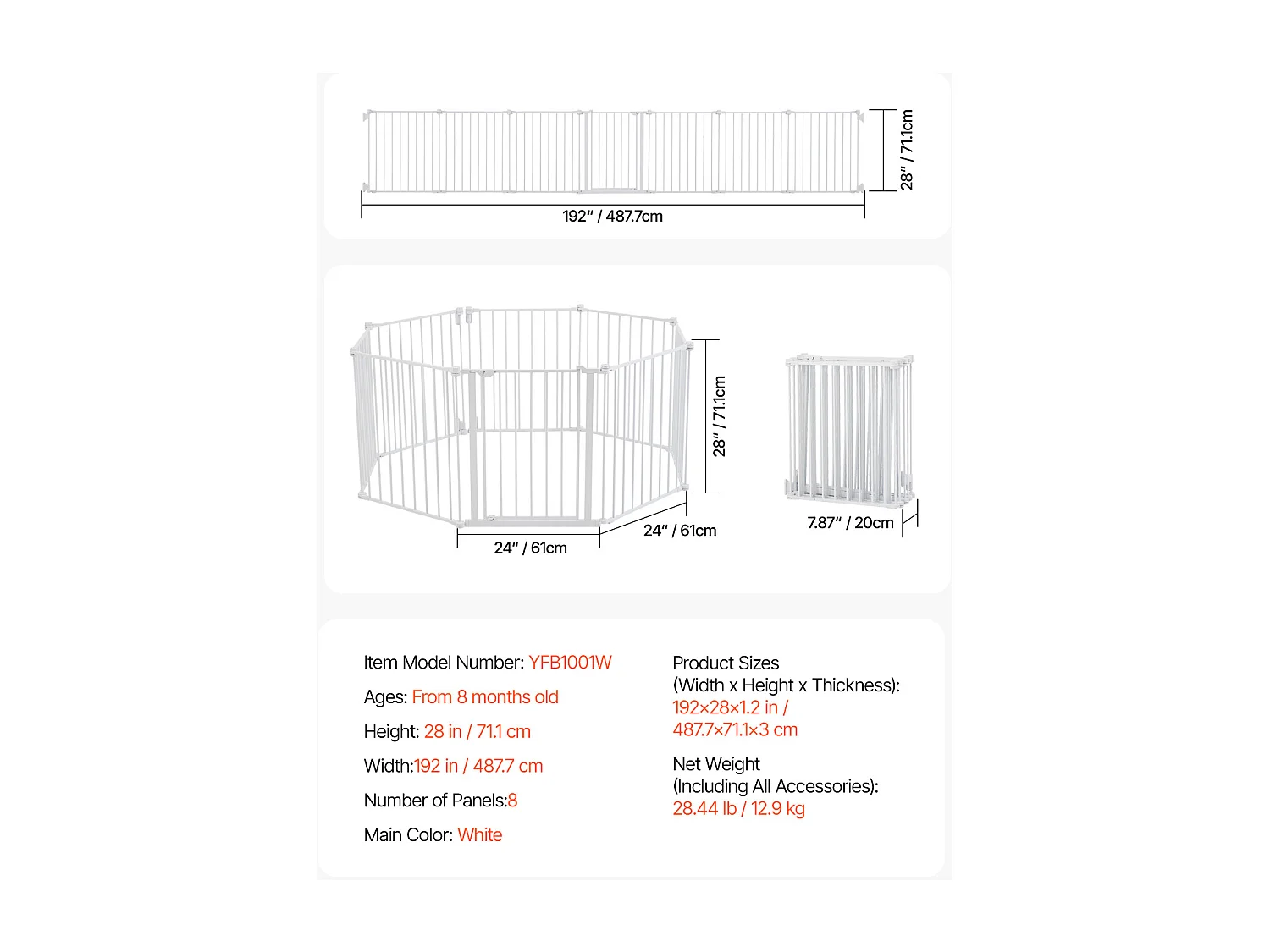 Barrière de Sécurité Animaux, SucceBuy Barrière Pliable pour Bébé et Animal de Compagnie 487,7 cm Largeur 71,1 cm Hauteur 8 Panneaux Blanche