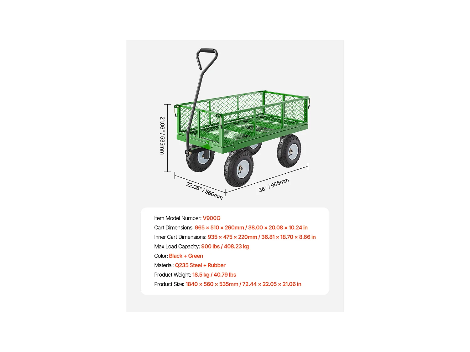 Chariot de Jardin, SucceBuy Chariot de Jardin en Acier 408,23 kg Capacité, Chariot Robustes, Pneus de 25,4 cm