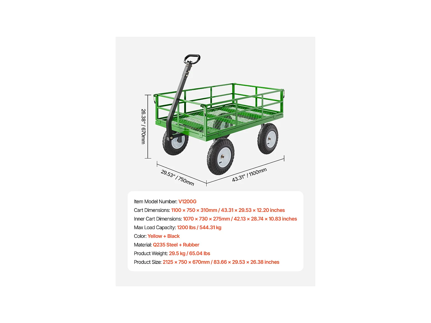 Carrito de Jardín de Acero SucceBuy, Capacidad de 544,31 kg, Resistente con Neumáticos de 33 cm