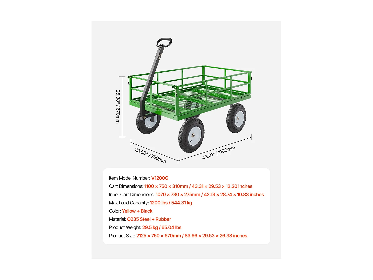 Chariot de Jardin, SucceBuy Chariot de Jardin en Acier 544,31 kg Capacité, Chariot Robustes avec Pneus de 33 cm