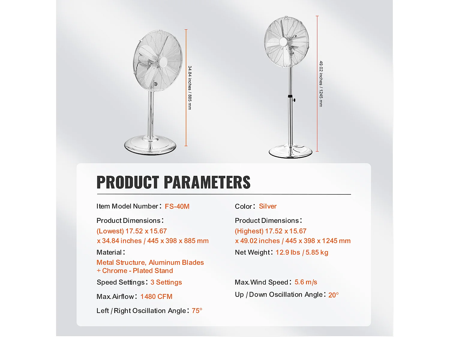 Ventilateur Oscillant sur Pied Industriel SucceBuy, 3 Vitesses, 39,8 cm 75° Argent