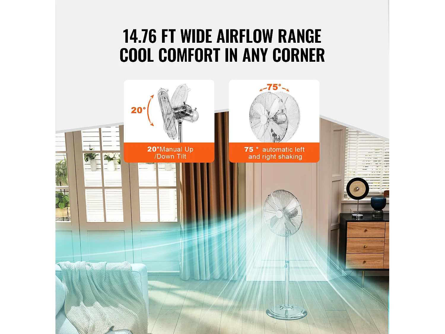 Ventilateur Oscillant sur Pied Industriel SucceBuy, 3 Vitesses, 39,8 cm 75° Argent
