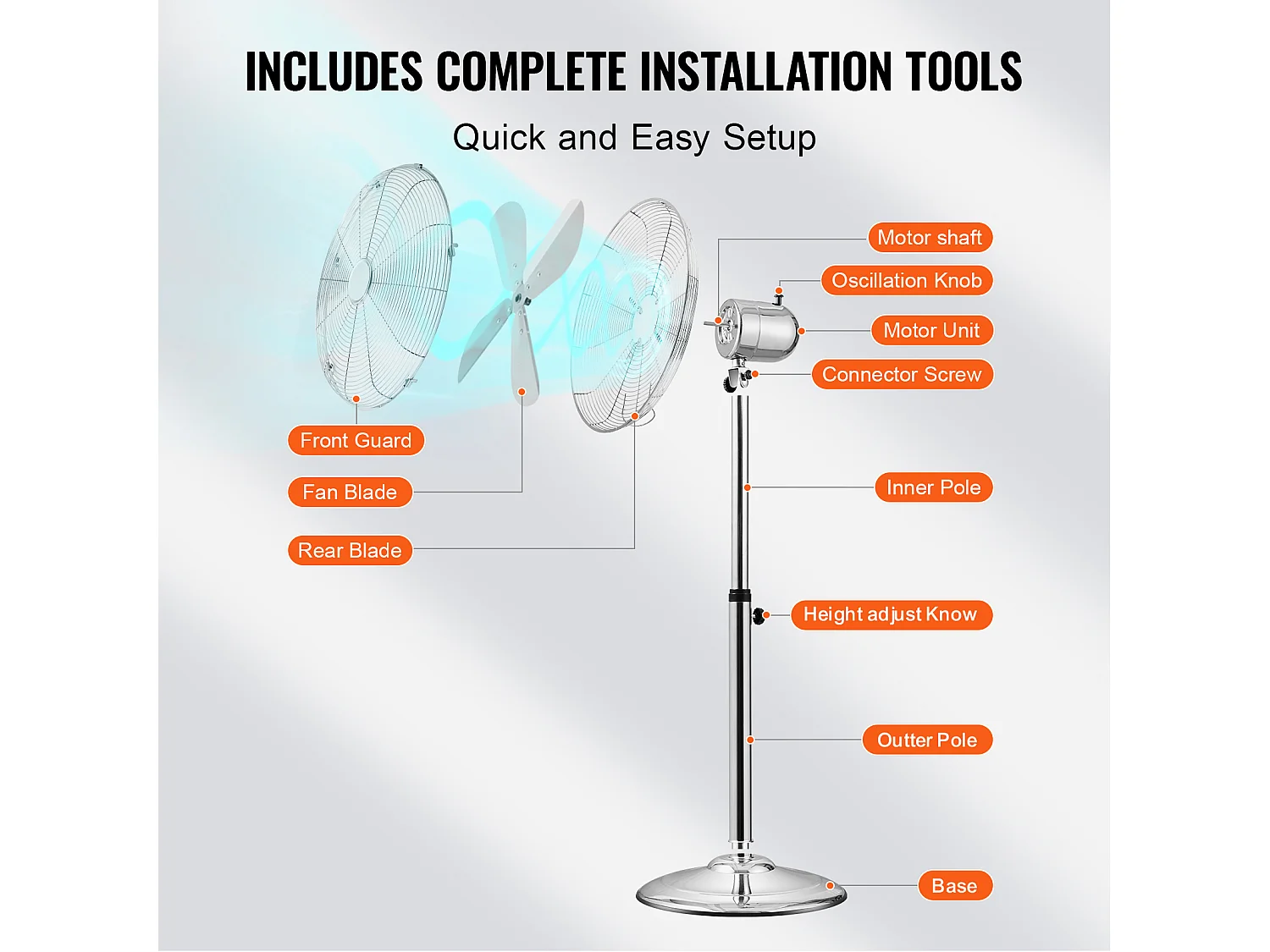 Ventilateur Oscillant sur Pied Industriel SucceBuy, 3 Vitesses, 39,8 cm 75° Argent
