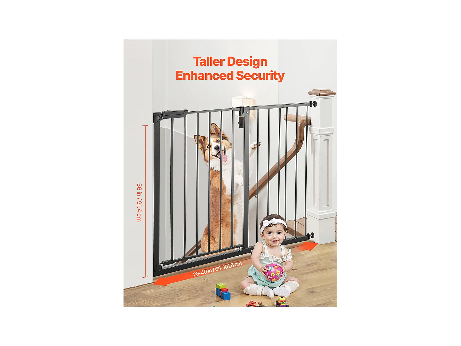 Portão de Segurança para Animais de Estimação, SucceBuy Portão de Segurança Expansível para Cães 65-101,6 x 91,4 cm Preto