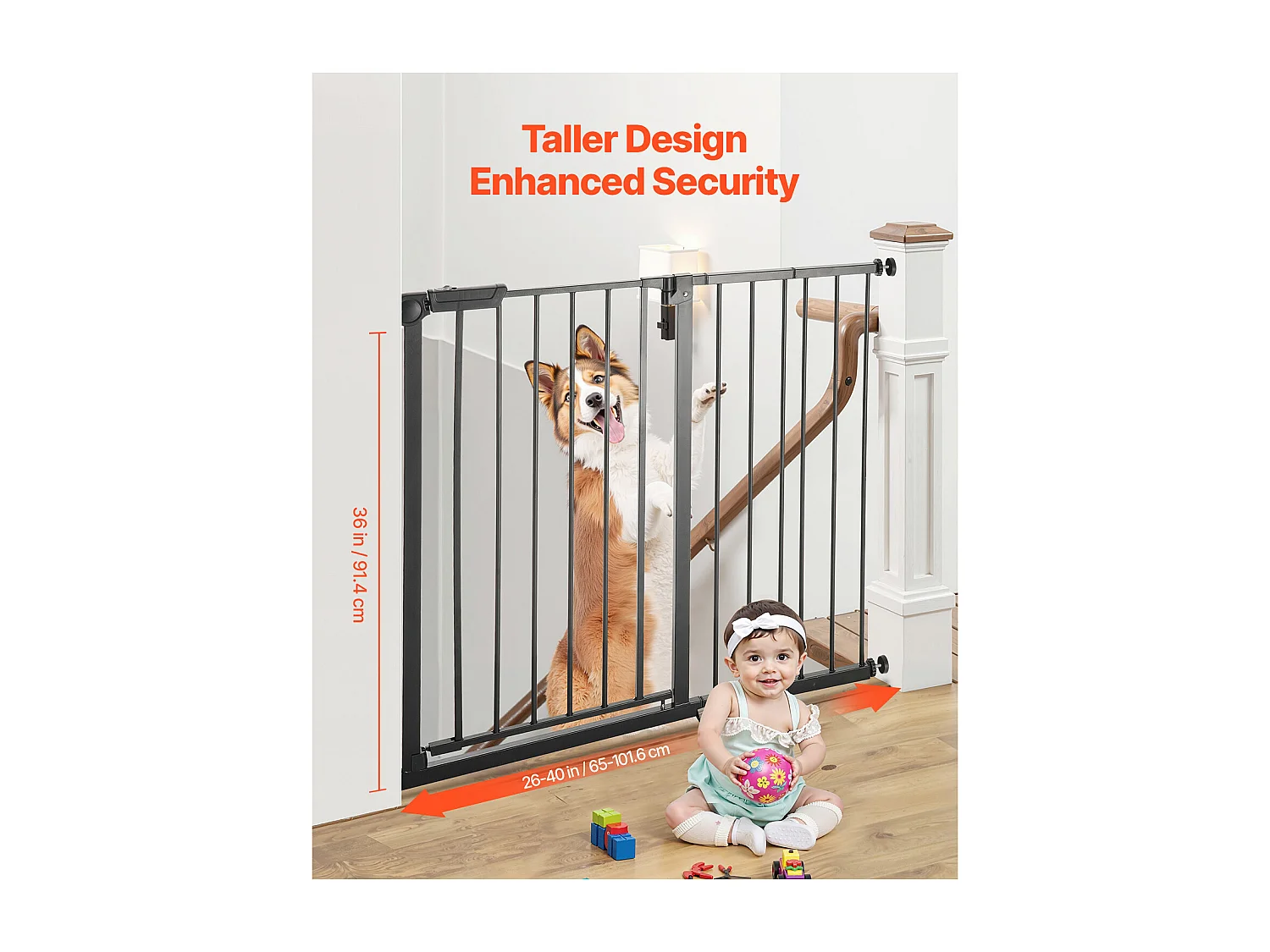 Puerta de Seguridad para Mascotas, SucceBuy Extensible 65-101,6 x 91,4 cm Color Negro