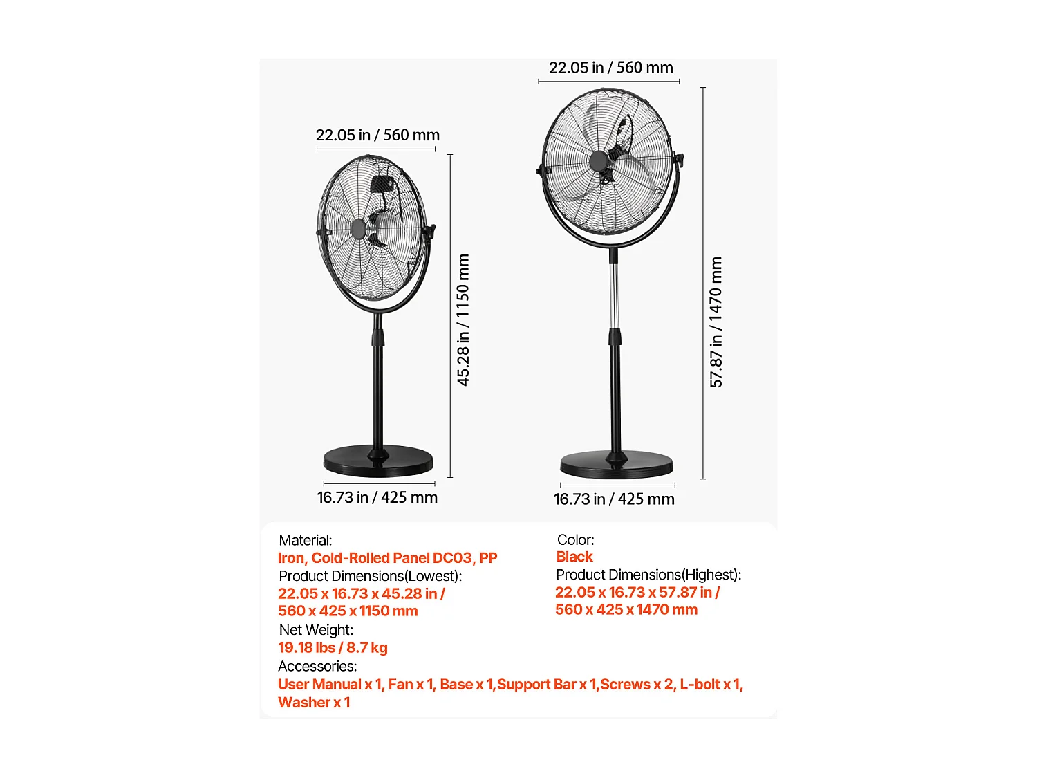 Industrie Standventilator SucceBuy , 3 Geschwindigkeiten, 56 cm, Höhenverstellbar 115-147 cm