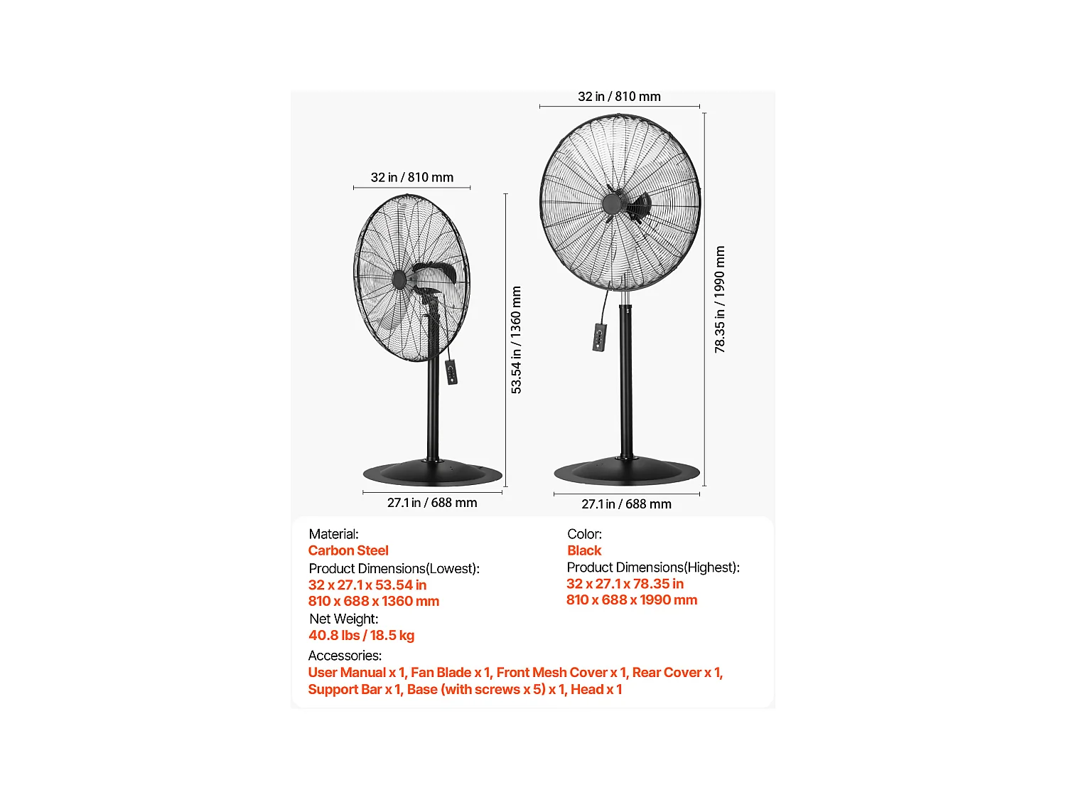Ventilateur sur Pied Industriel SucceBuy, 3 Vitesses, 76 cm, Oscillant et Réglable en Hauteur