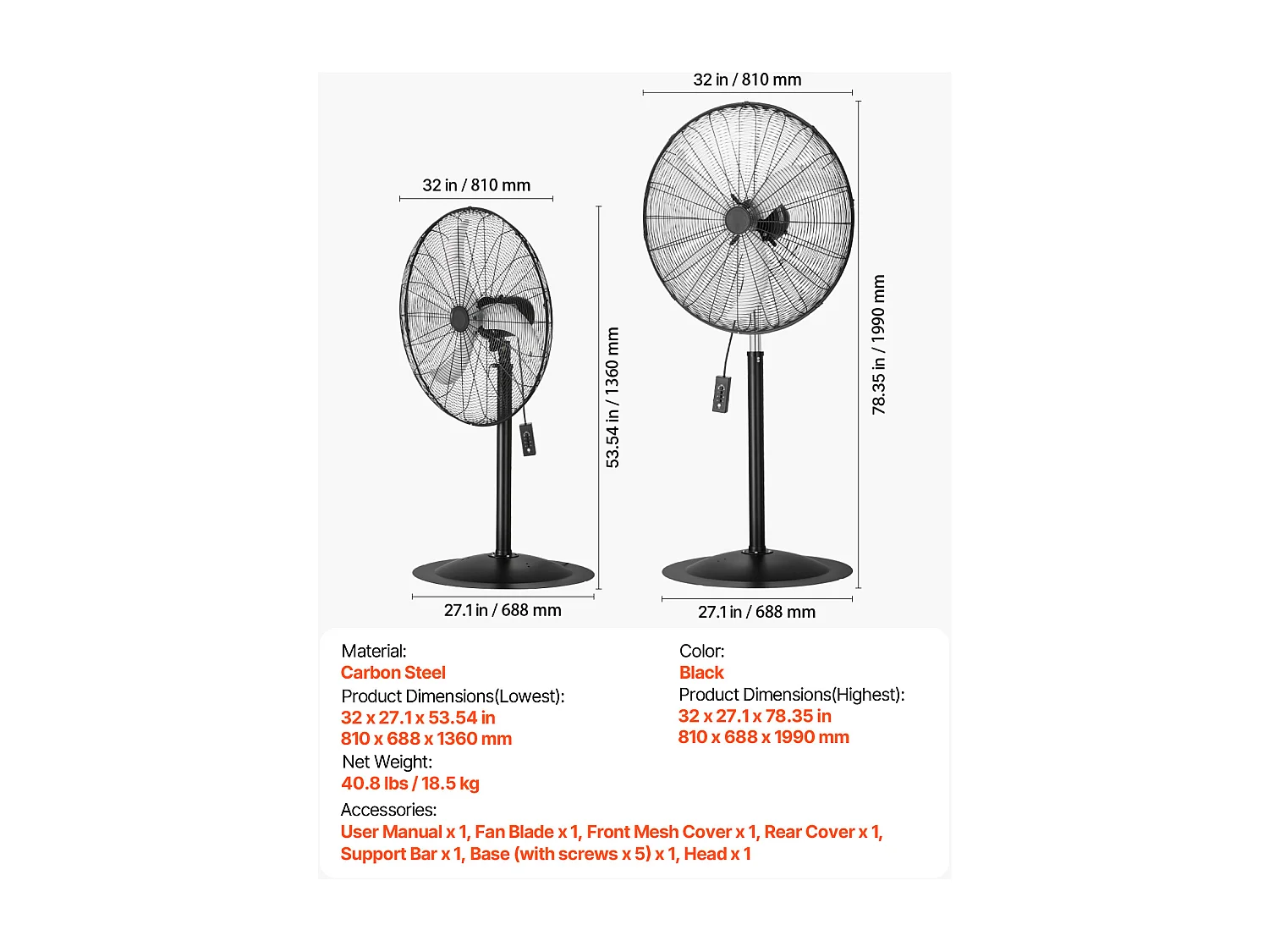 Ventilateur sur Pied Industriel SucceBuy, 3 Vitesses, 76 cm, Oscillant et Réglable en Hauteur
